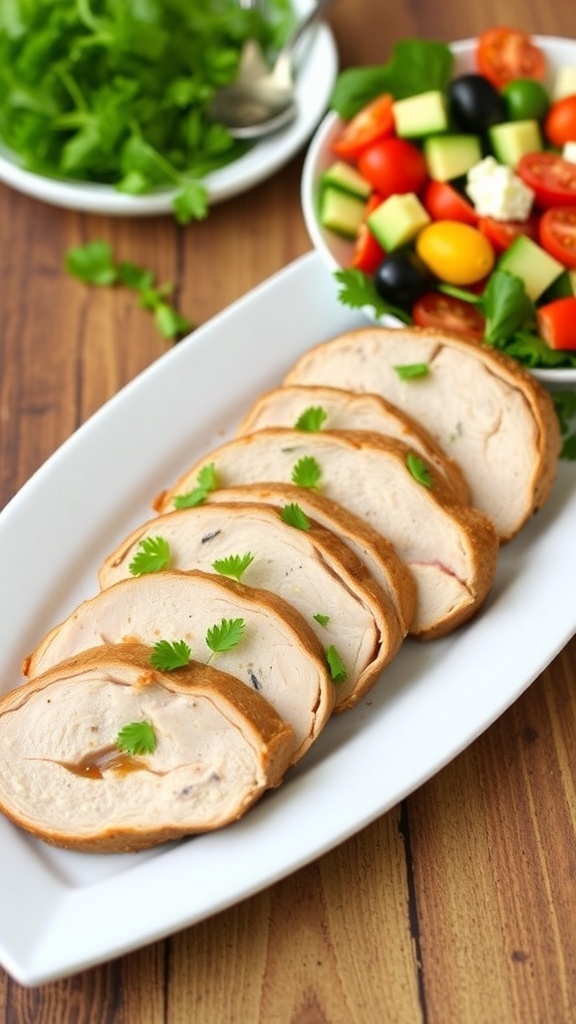 Sliced air fryer Greek pork tenderloin garnished with parsley, served with a Greek salad on a rustic table.